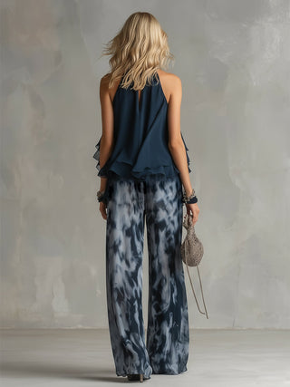 Ludovica | Ensemble élégant avec un haut col montant et un pantalon imprimé à coupe large