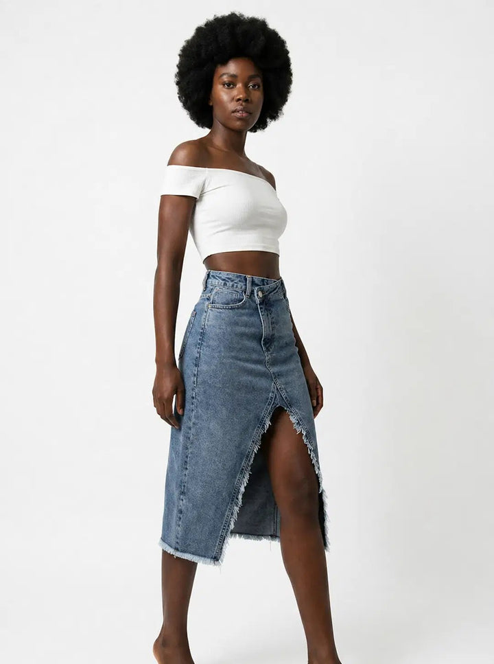 Elle™ | Jupe en denim taille haute à ourlet frangé – North & Co. Canada