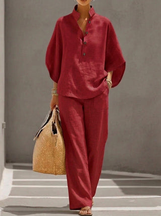 Eszter™ – Ensemble en coton et lin à manches chauve-souris et pantalon large • S1 - North & Co. Canada