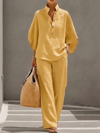 Eszter™ – Ensemble en coton et lin à manches chauve-souris et pantalon large • S1 - North & Co. Canada