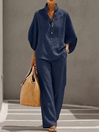 Eszter™ – Ensemble en coton et lin à manches chauve-souris et pantalon large • S1 - North & Co. Canada