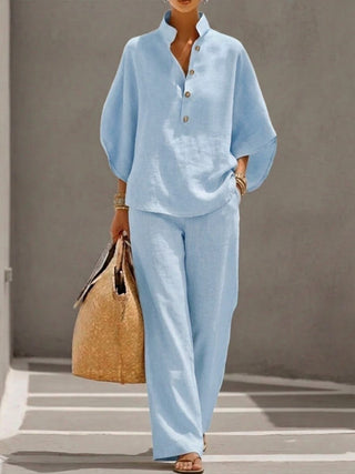 Eszter™ – Ensemble en coton et lin à manches chauve-souris et pantalon large • S1 - North & Co. Canada