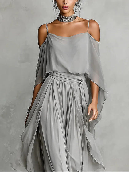 Isabela | Ensemble fluide gris avec haut à fines bretelles et pantalon léger