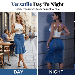 Ivessia - Jupe mi-longue en denim taille haute pour femme, coupe sirène - North & Co. Canada