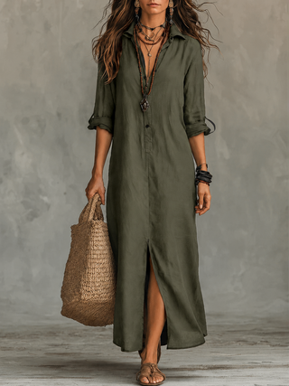 Robe Maxi Chemise Bohémienne à Boutons Noirs