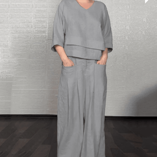 Liza | Ensemble 2 pièces coton-lin – haut à encolure en V et pantalon à jambe large • S1 - North & Co. Canada