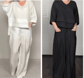 Liza | Ensemble 2 pièces coton-lin – haut à encolure en V et pantalon à jambe large • S1 - North & Co. Canada