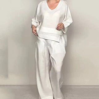 Liza | Ensemble 2 pièces coton-lin – haut à encolure en V et pantalon à jambe large • S1 - North & Co. Canada