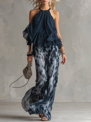 Ludovica – Elegant chiffon set with high-neck top and wide-leg printed trousers • S1 - North & Co. Canada