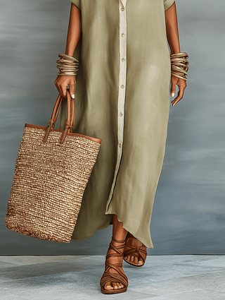 Manelle™ | Robe longue vert olive à ligne minimaliste - North & Co. Canada