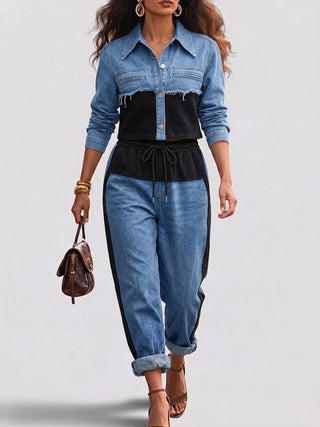 Holbrook™ | Ensemble Veste Croppée à Blocs de Couleurs & Pantalons à Jambes Larges