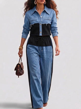 Holbrook™ | Ensemble Veste Croppée à Blocs de Couleurs & Pantalons à Jambes Larges