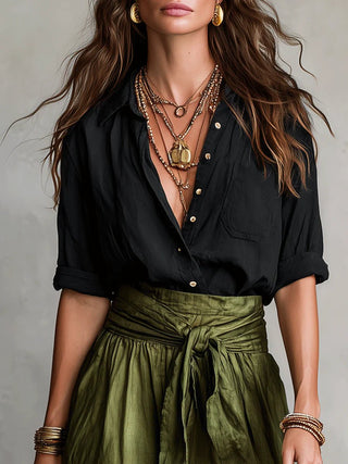 Vera™ | Ensemble deux pièces : t-shirt noir et jupe mi-longue vert olive - North & Co. Canada