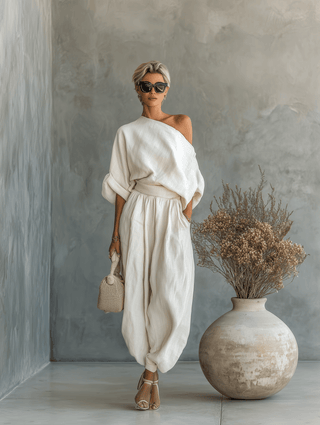 Ensemble en lin blanc cassé pour femme avec haut à épaules dénudées et pantalon fuselé • S1 - North & Co. Canada
