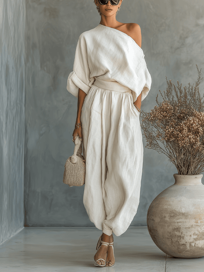Women's Off-White Linen Set with Off-Shoulder Top and Tapered Pants • S1 - North & Co. Canada