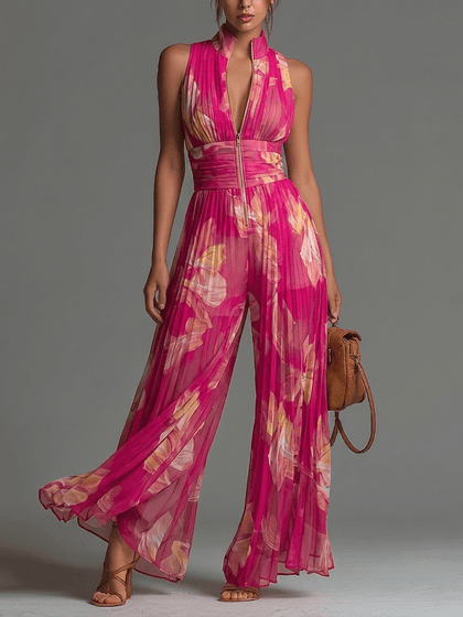 Zsófia Jumpsuit | Fuchsia Floral Pleated Chiffon • S1 - North & Co. Canada